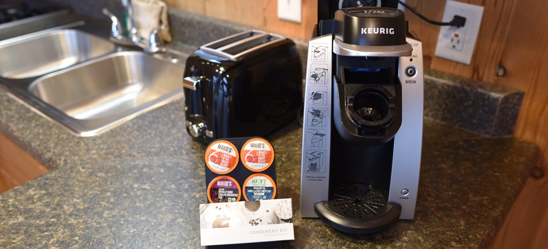 Keurig and coffee in the loft deluxe cabin