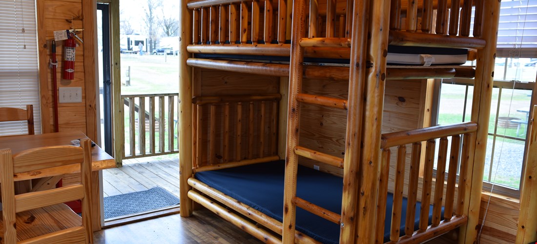 Bunk beds in a rustic cabin